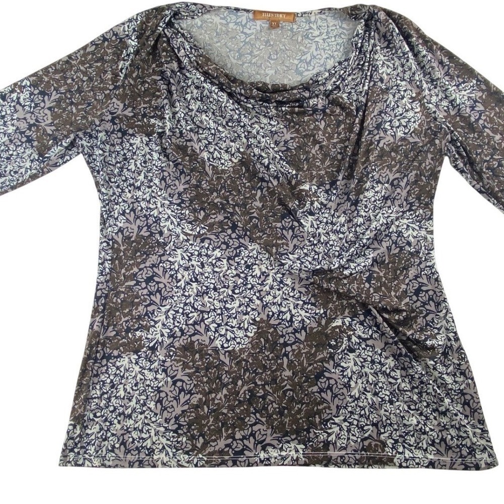 Ellen Tracy Womens XL Cowl Neck Top Brown Navy Floral 3/4 Sleeve‎ Stretch Blouse
